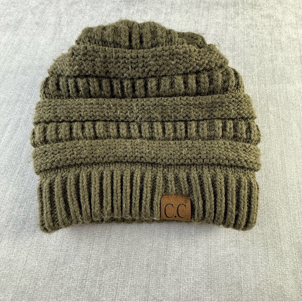 C.C Kids‎ Beanie Olive Green Knit Winter Hat Acrylic Ribbed RN 88320